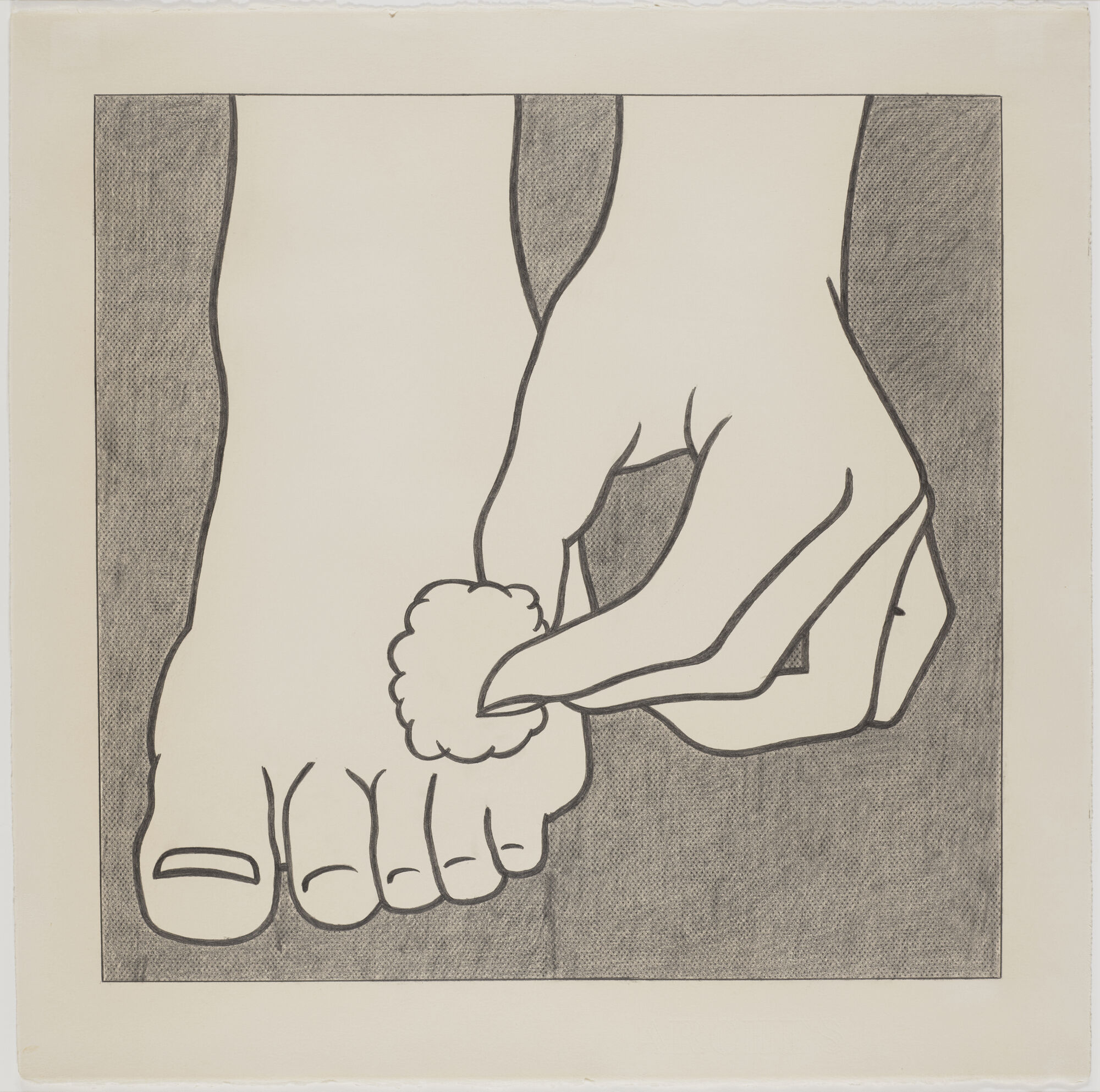 A hand cleans between the toes of a foot using a small fluffy cloth.