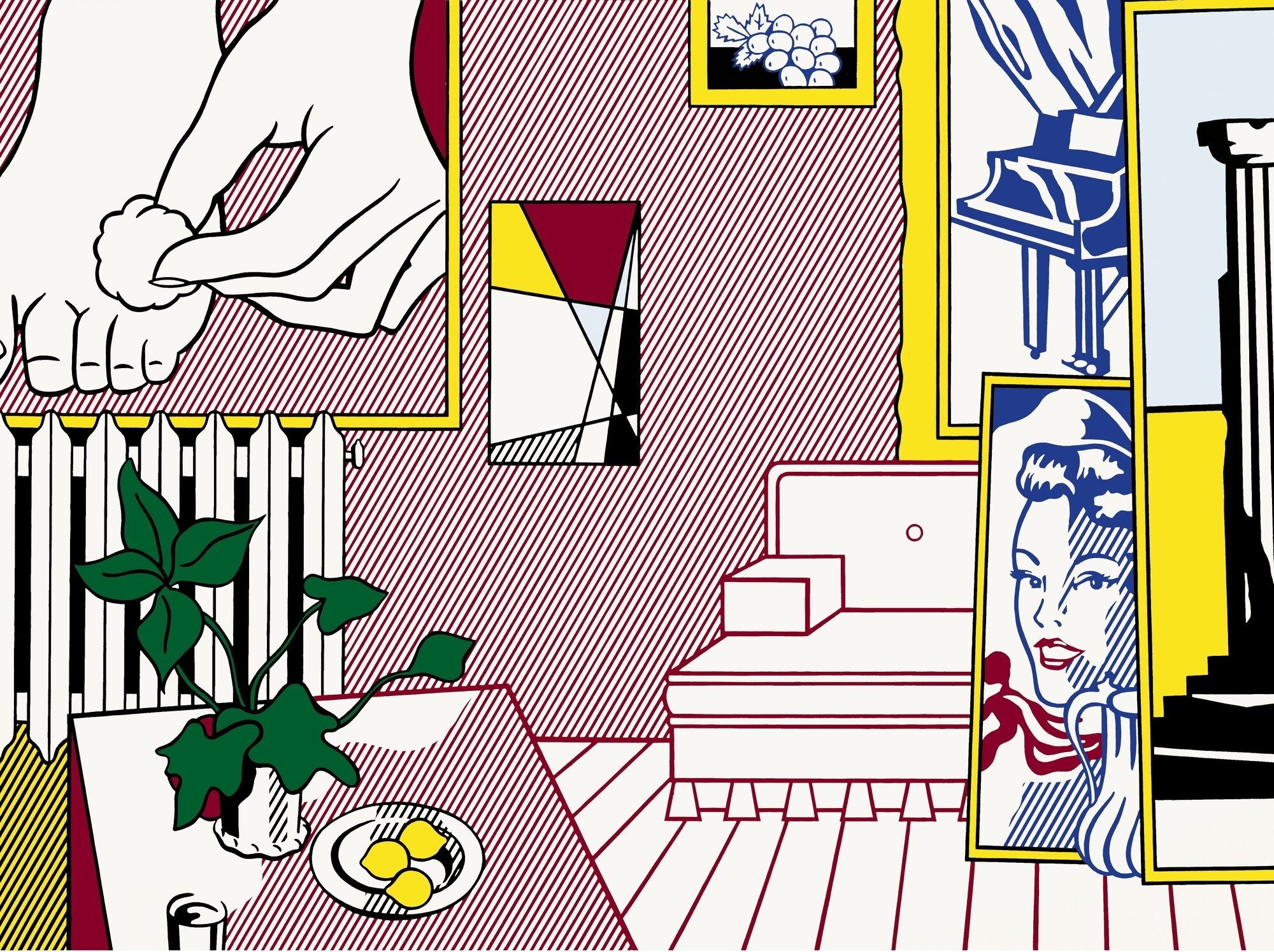 A hand presses a cotton ball against a bare toe in a colorful pop-art room.