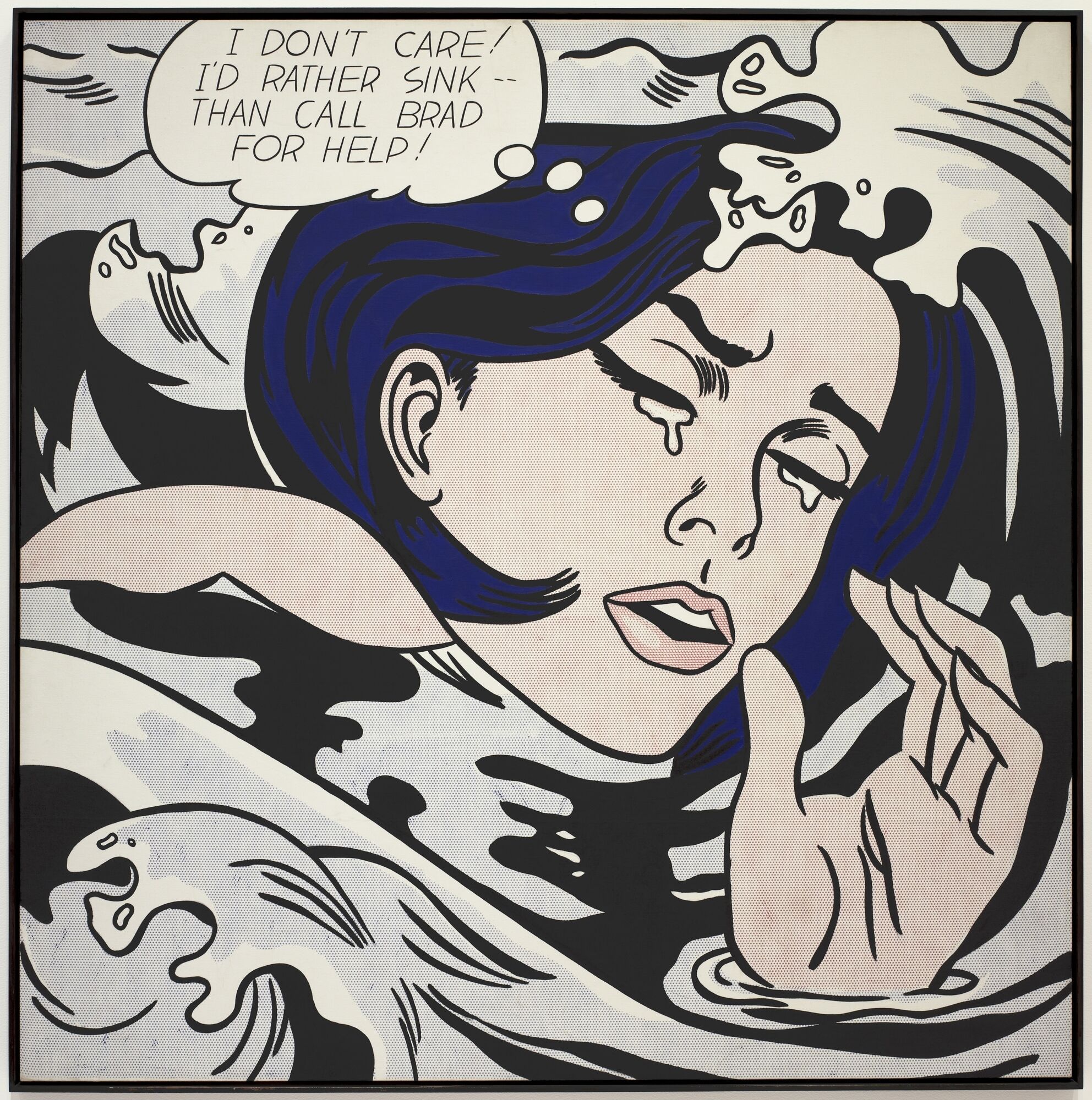 A woman cries in rough waves with a thought bubble saying she'd rather sink than call Brad for help.