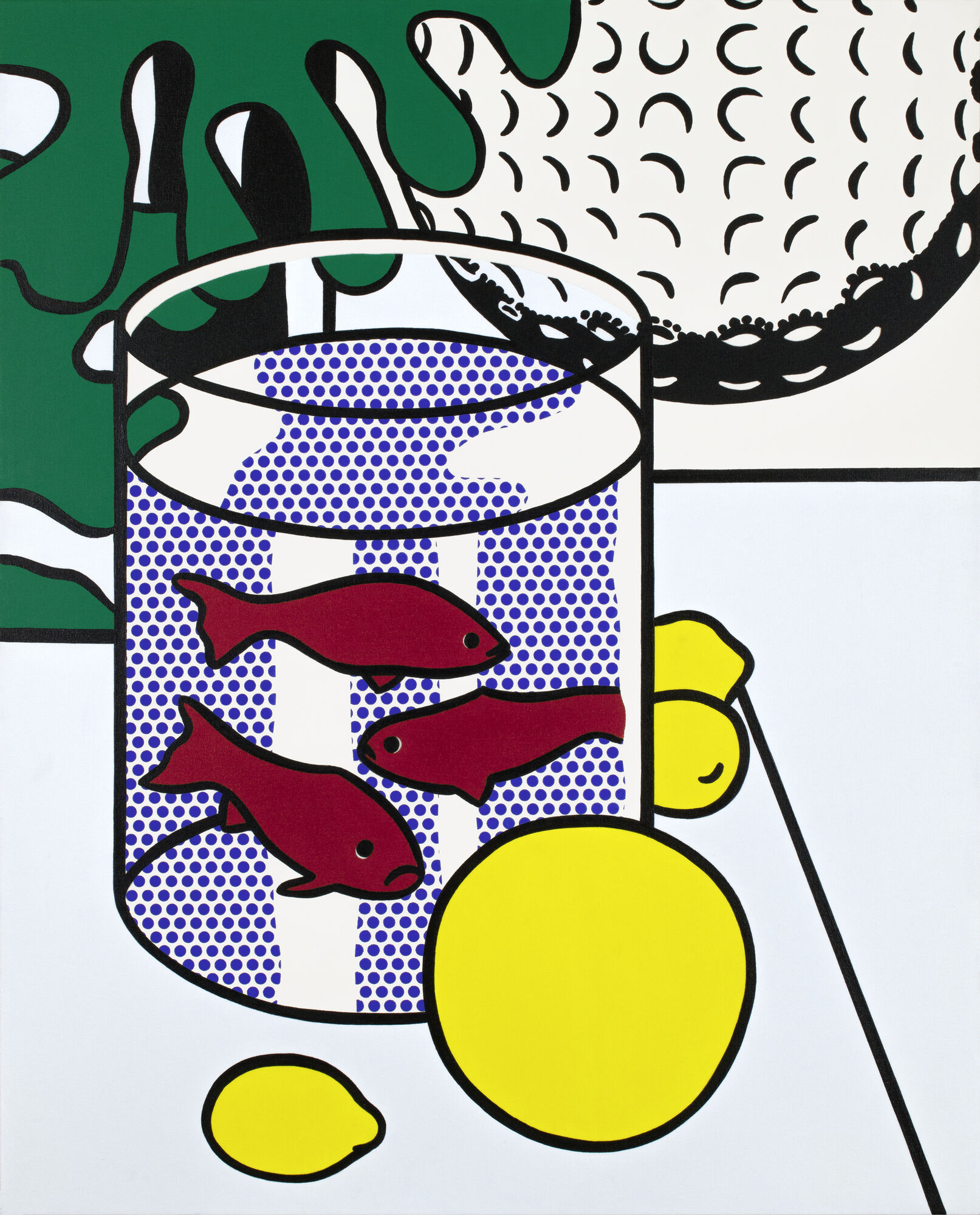 A glass jar holds red fish with blue dotted background beside bright yellow lemons.
