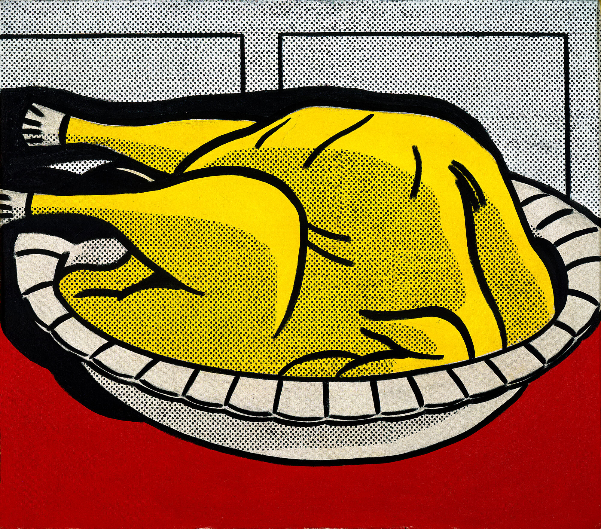 Yellow pop-art figure curled up on a striped cushion against a red and dotted background.
