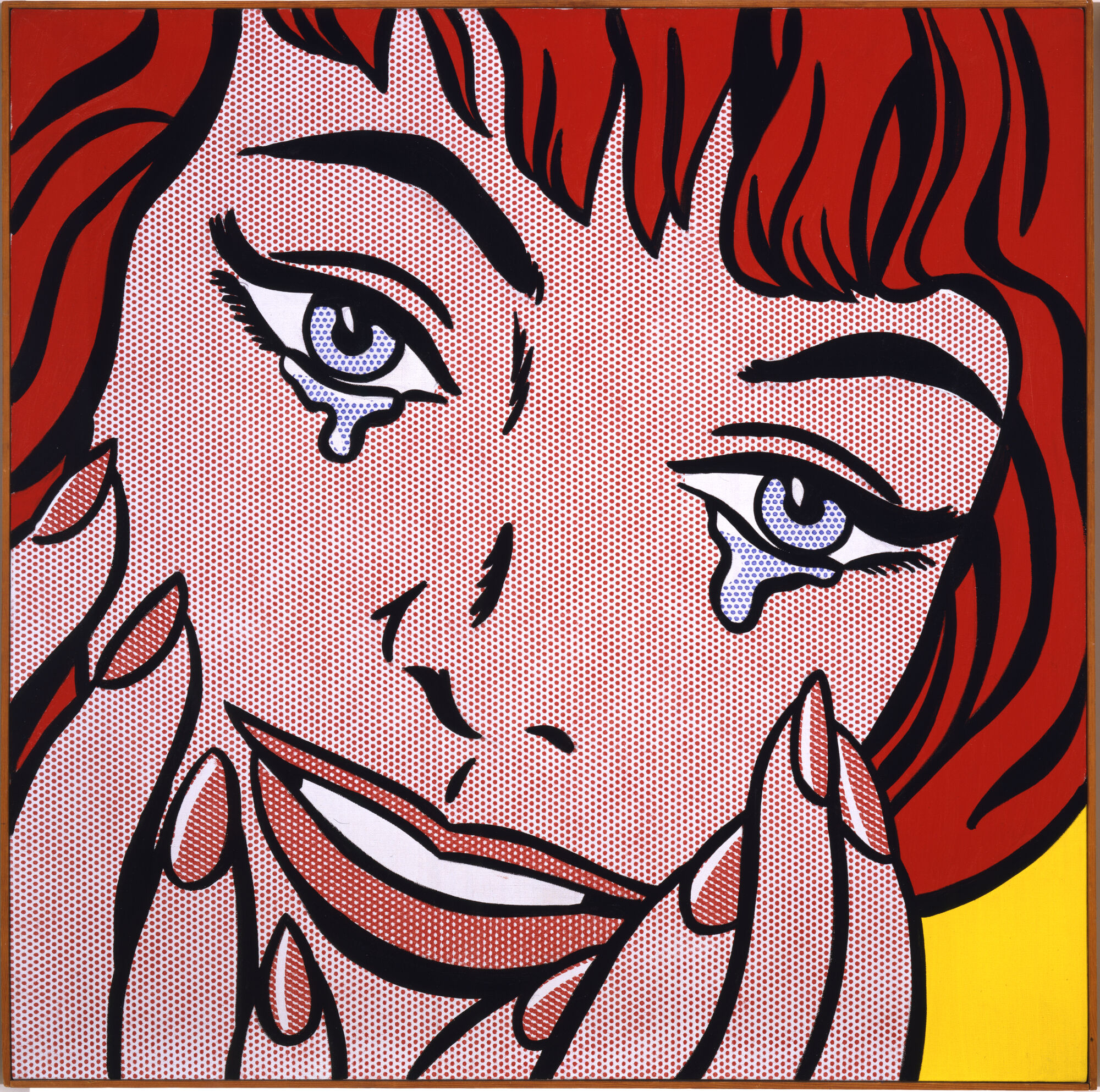 Close-up of a comic-style woman with red hair crying, tears rolling from her eyes.