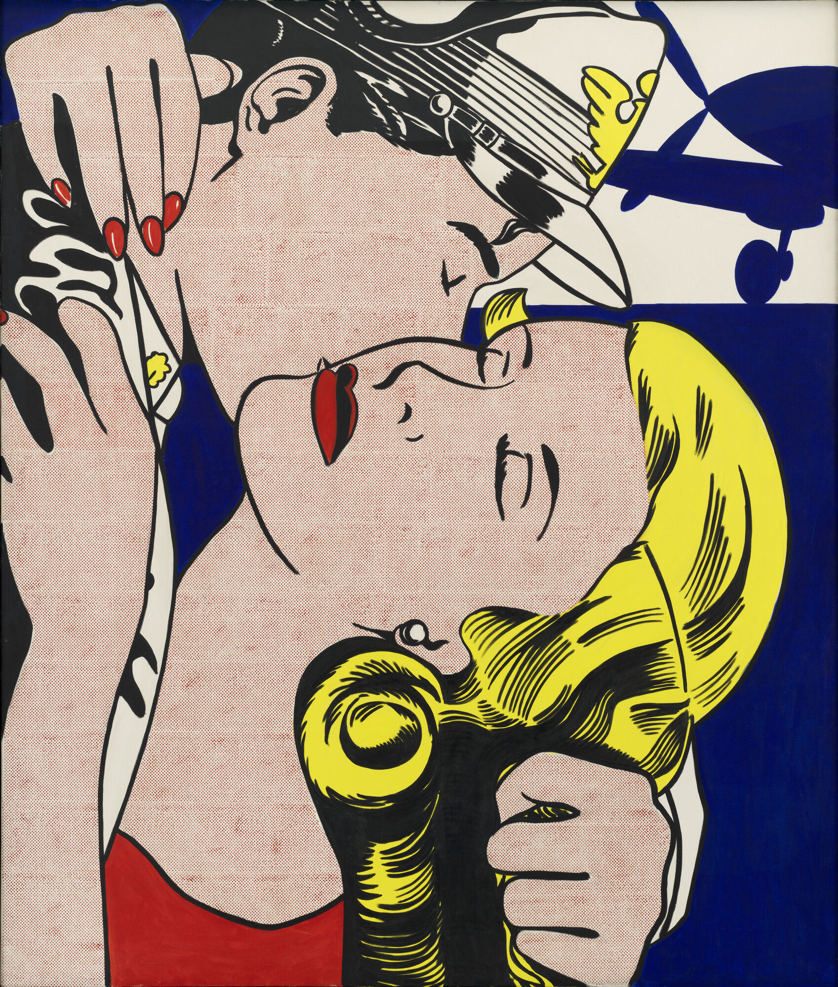 A stylized pop-art couple shares a close kiss with bright yellow hair and red lips.