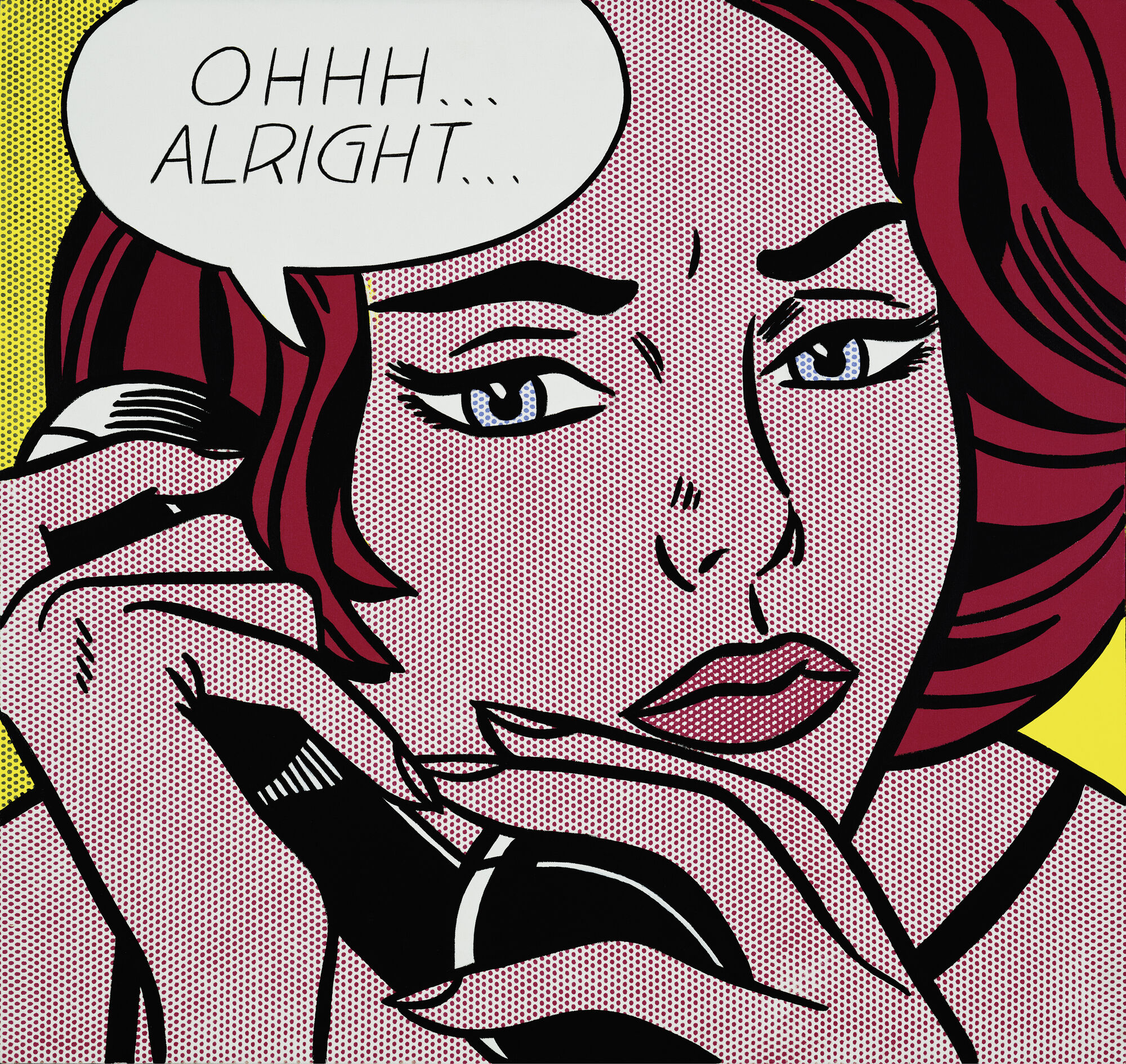 A red-haired pop art woman holds a phone and says, "Ohhh... alright" in a speech bubble.