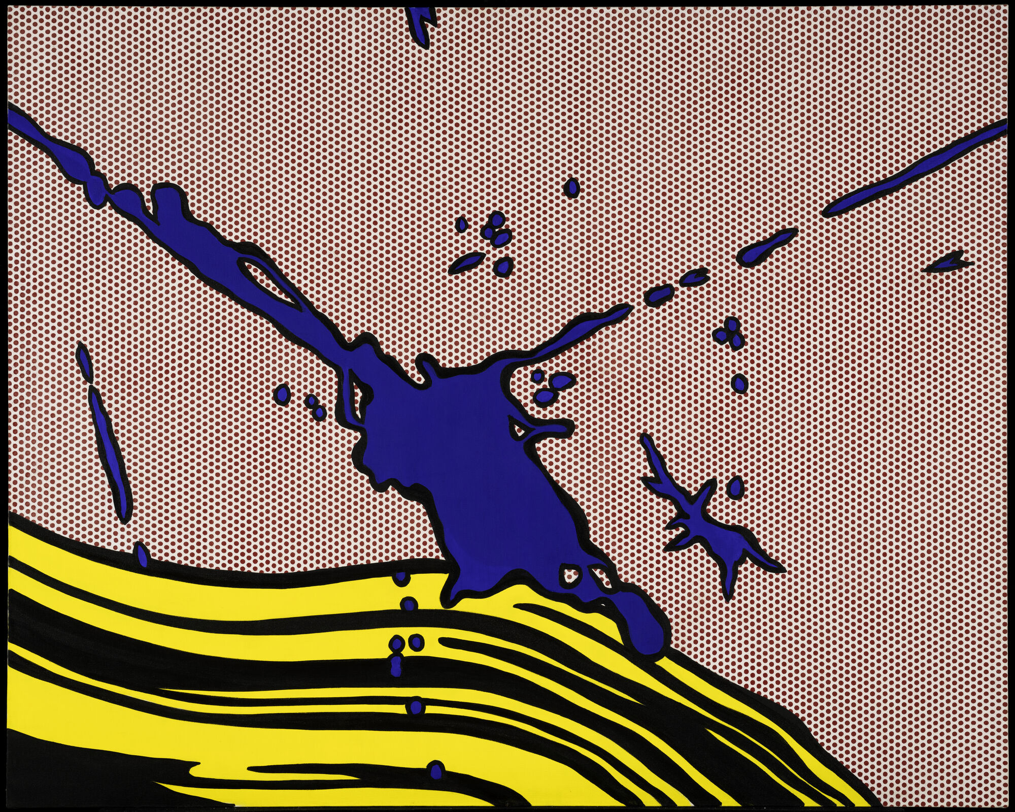 Bright blue liquid splashes across red dot background above curved yellow and black stripes.