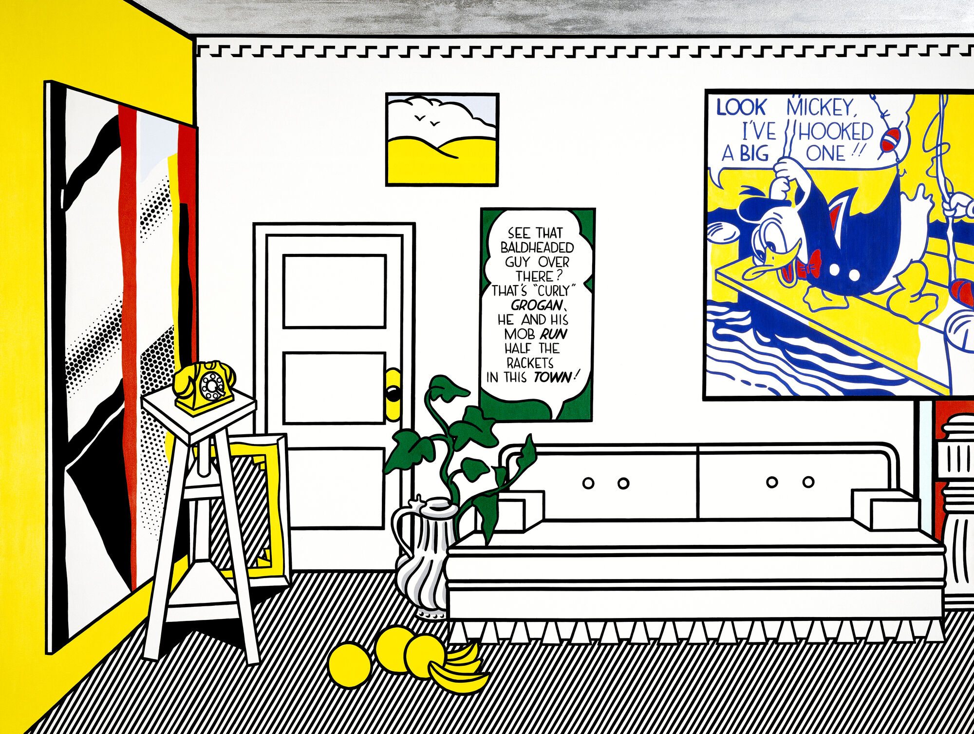 Bright pop-art living room with comic panel of Donald Duck fishing and scattered yellow fruit.
