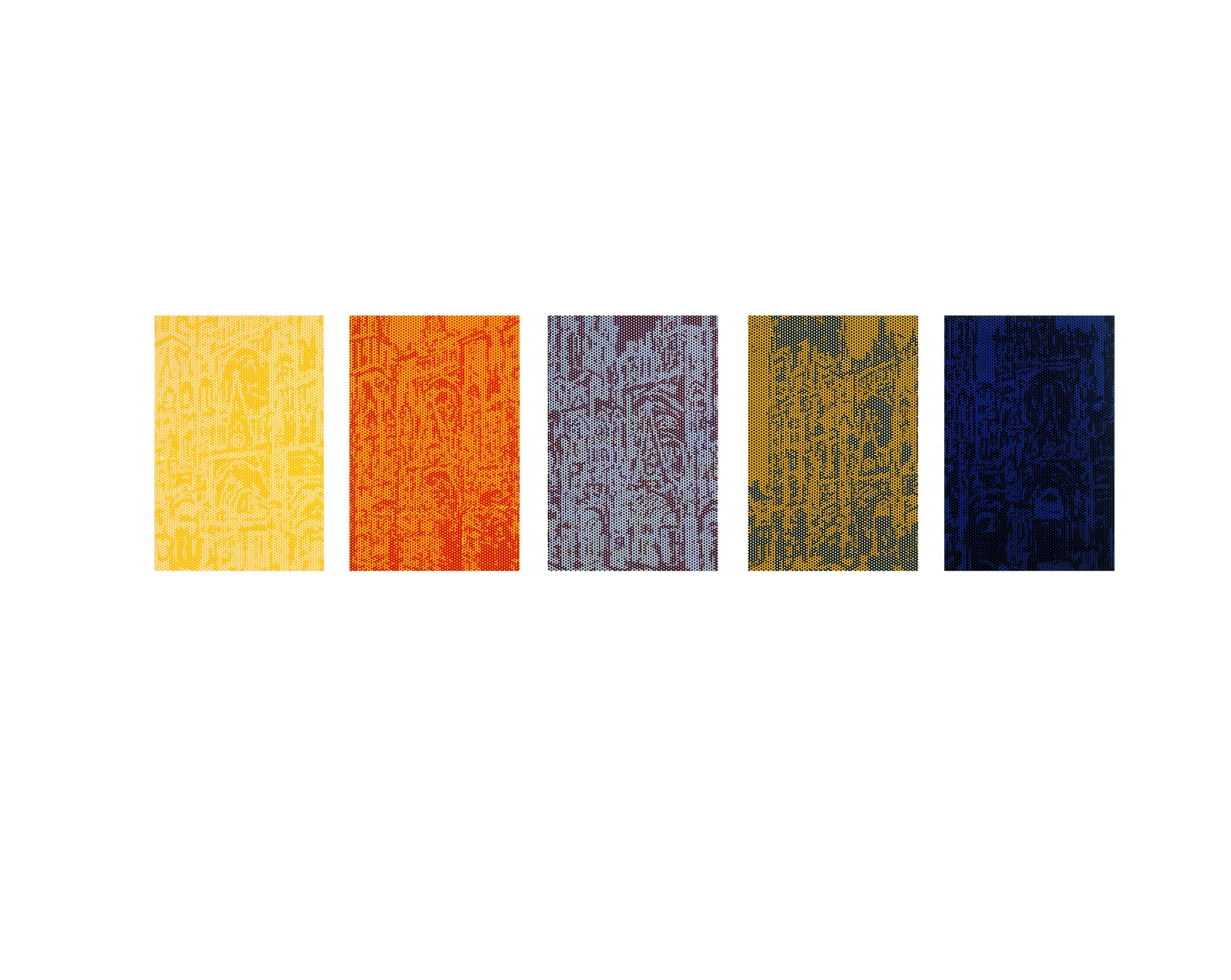 Five tall rectangular panels in different colors with textured patterns line the bottom of the white page.