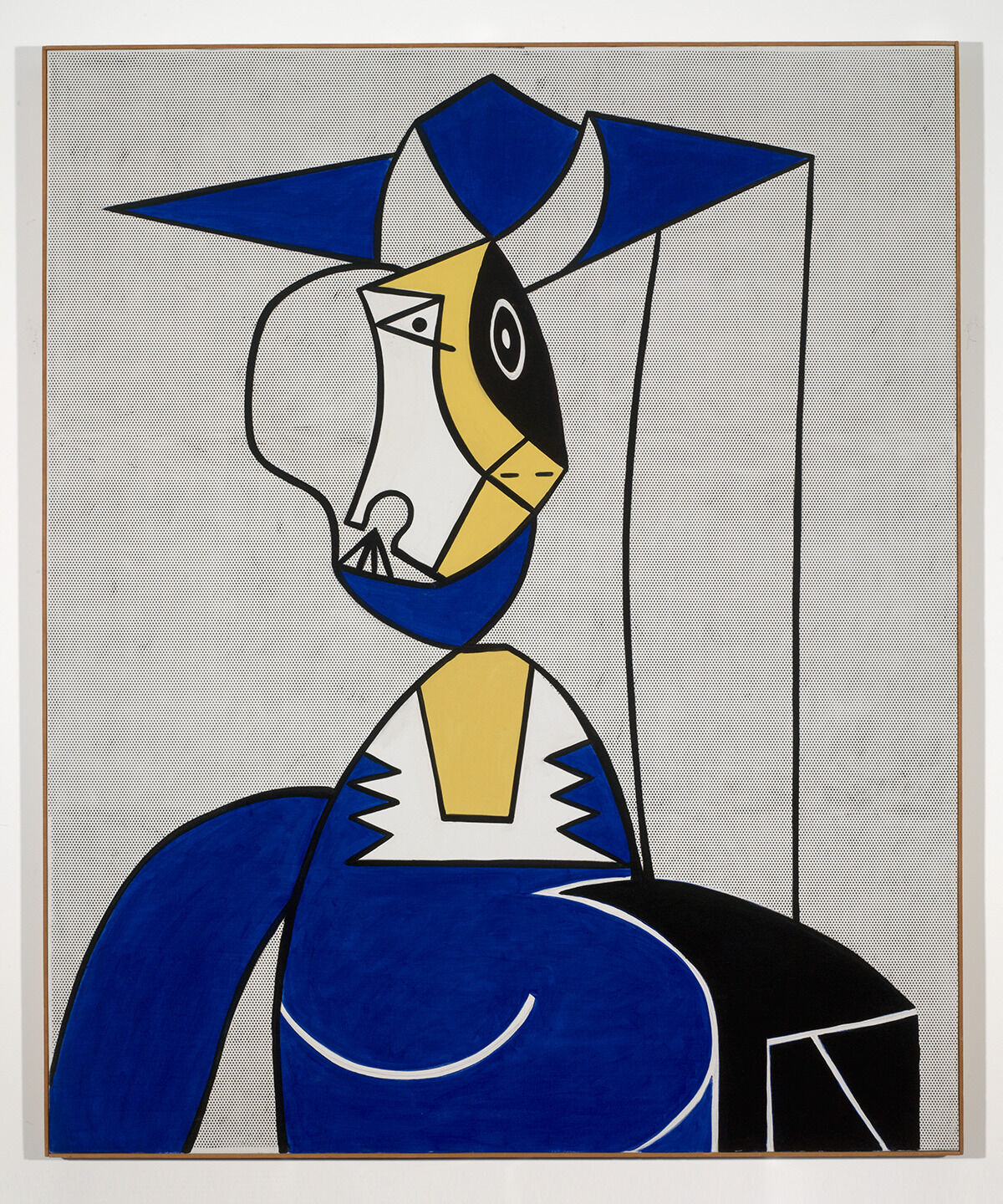 Abstract cubist portrait of a seated woman in blue and yellow geometric shapes.