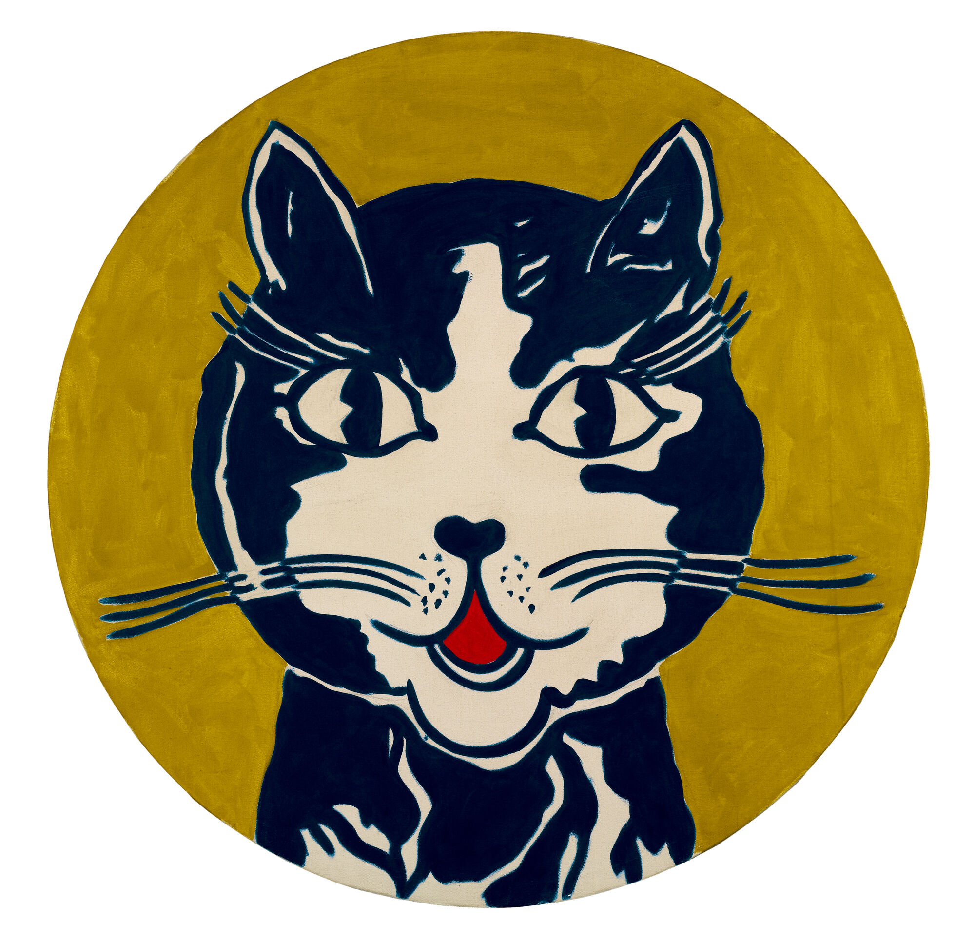 A bold graphic cat face with dark markings and a yellow circular background.