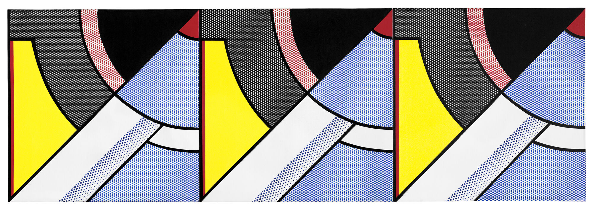 Three repeating pop-art panels with bold black curves, yellow shapes, and blue halftone dots.