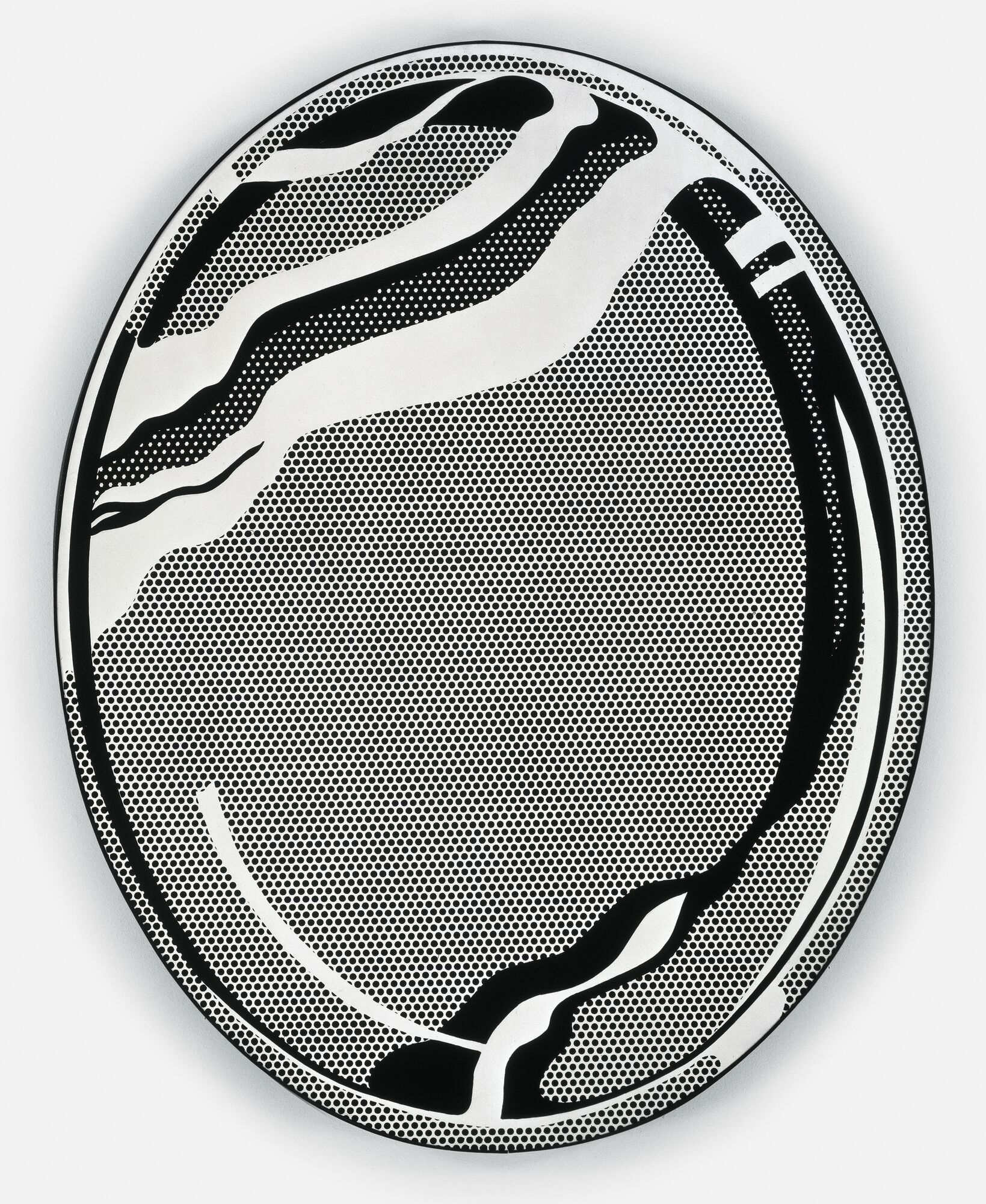 Large black-and-white oval with dense halftone dots and bold wavy stripes.