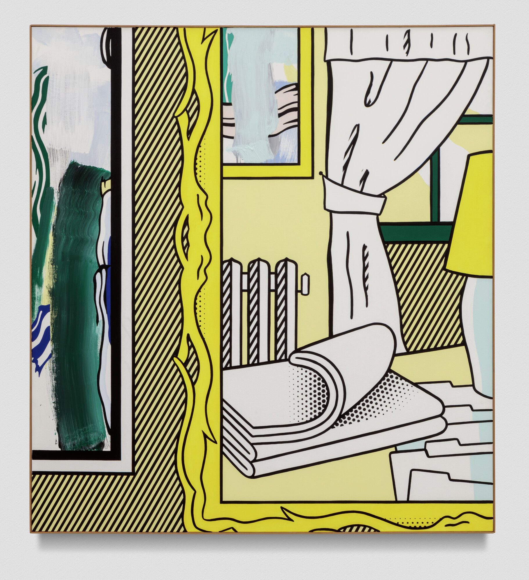 A pop-art room scene shows a window with tied-back curtain, radiator, and folded towels.