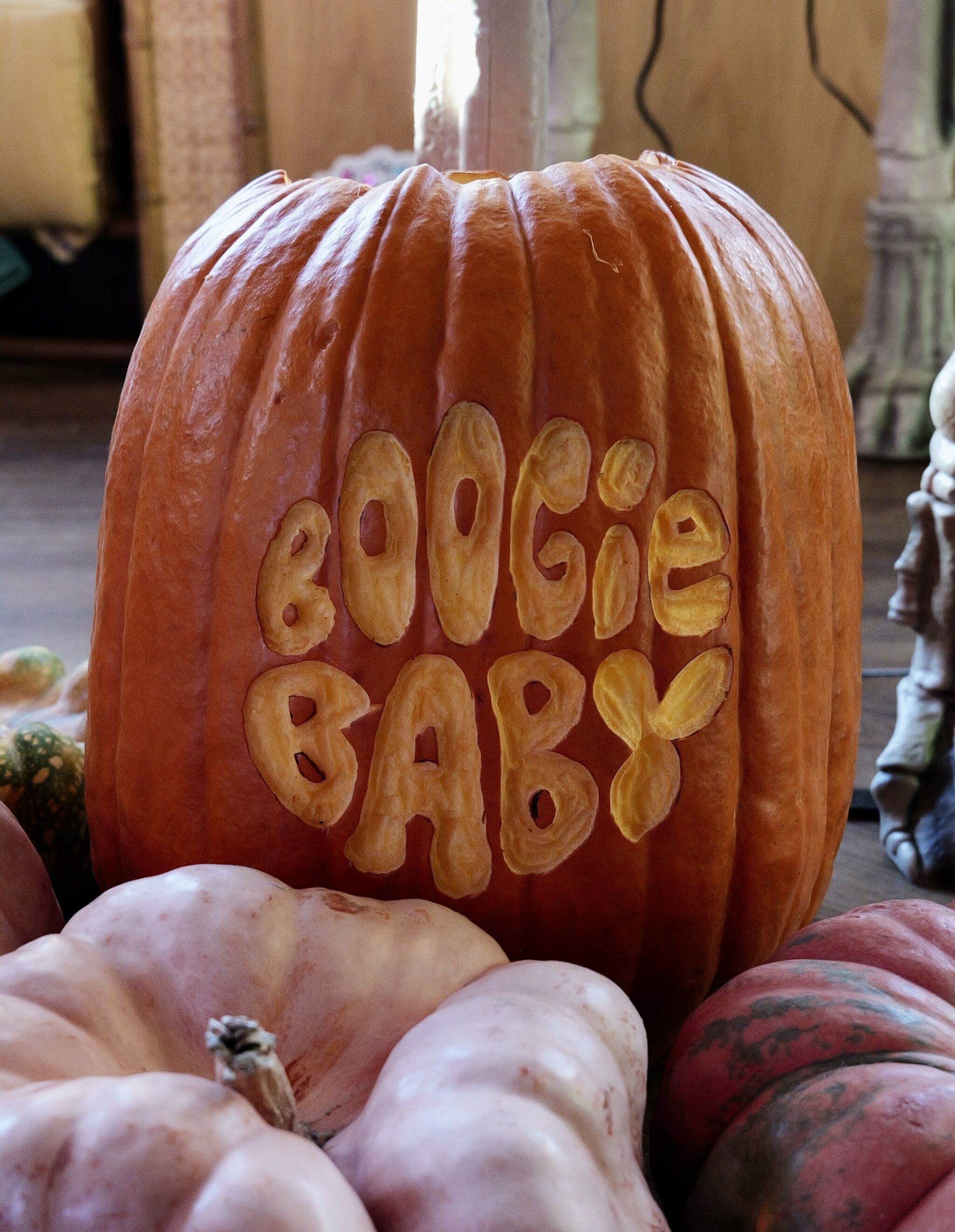 Large carved pumpkin with rounded letters reading "Boogie Bar" surrounded by smaller gourds.