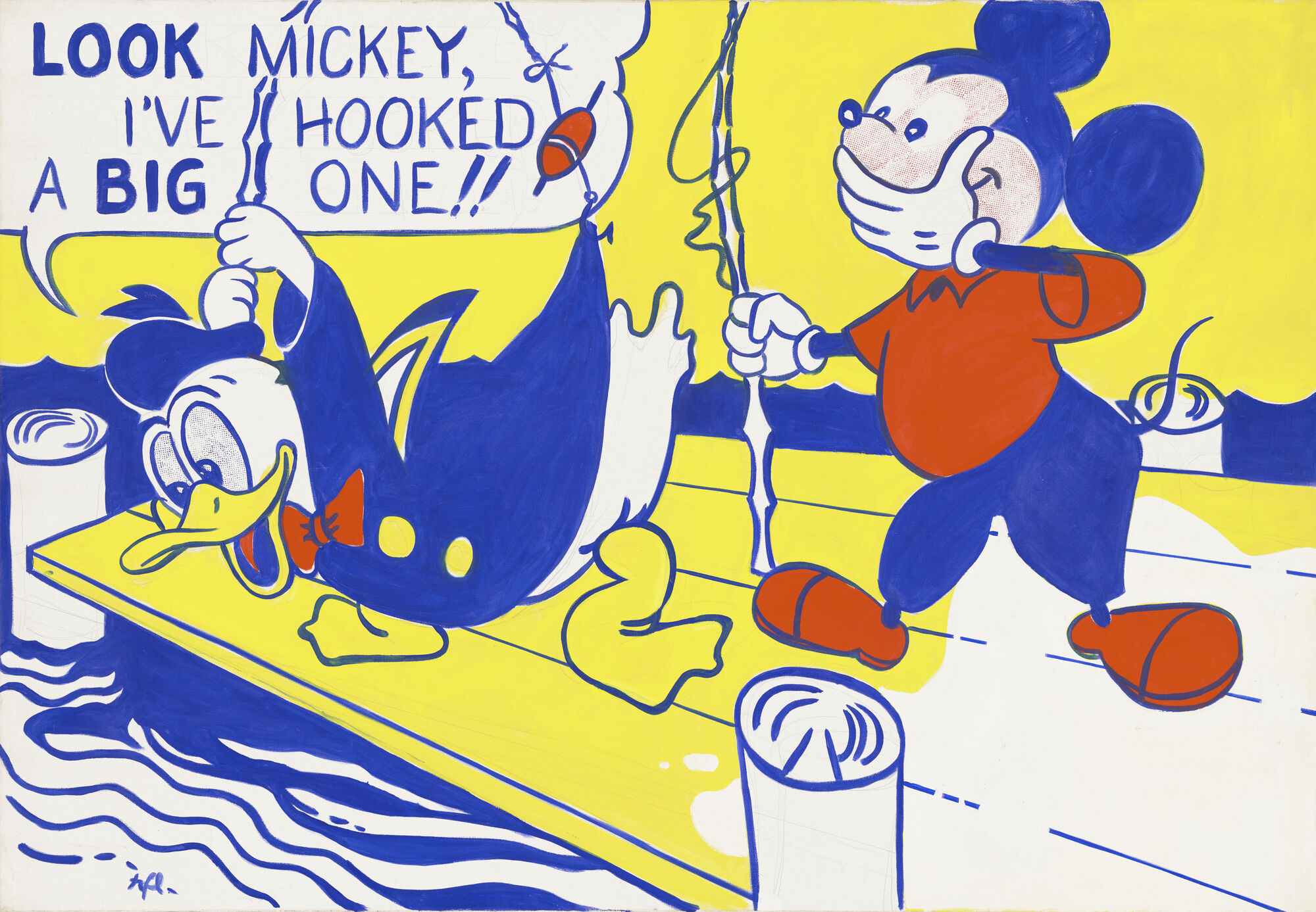 A pop art style image in bold yellow, blue, and red colors depicts Mickey Mouse standing on a dock, holding a fishing rod. Donald Duck hangs upside down from the fishing line, with his head partially submerged in blue water. A speech bubble above Mickey reads, 'LOOK MICKEY, I'VE HOOKED A BIG ONE!!'