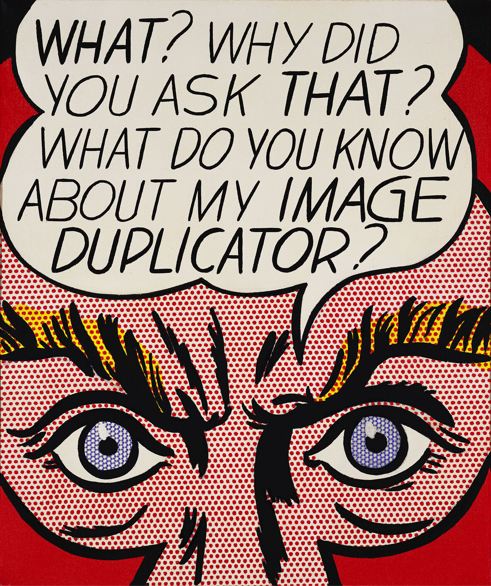 Close-up pop art face with a speech bubble asking, "What do you know about my image duplicator?".