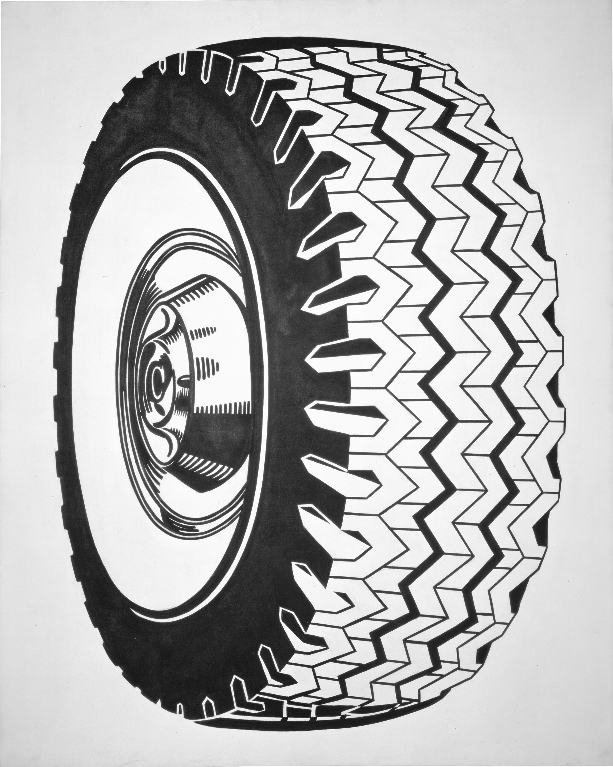 A black-and-white drawing of a tire, viewed from the side. It features a prominent, angular tread pattern and a detailed hubcap.
