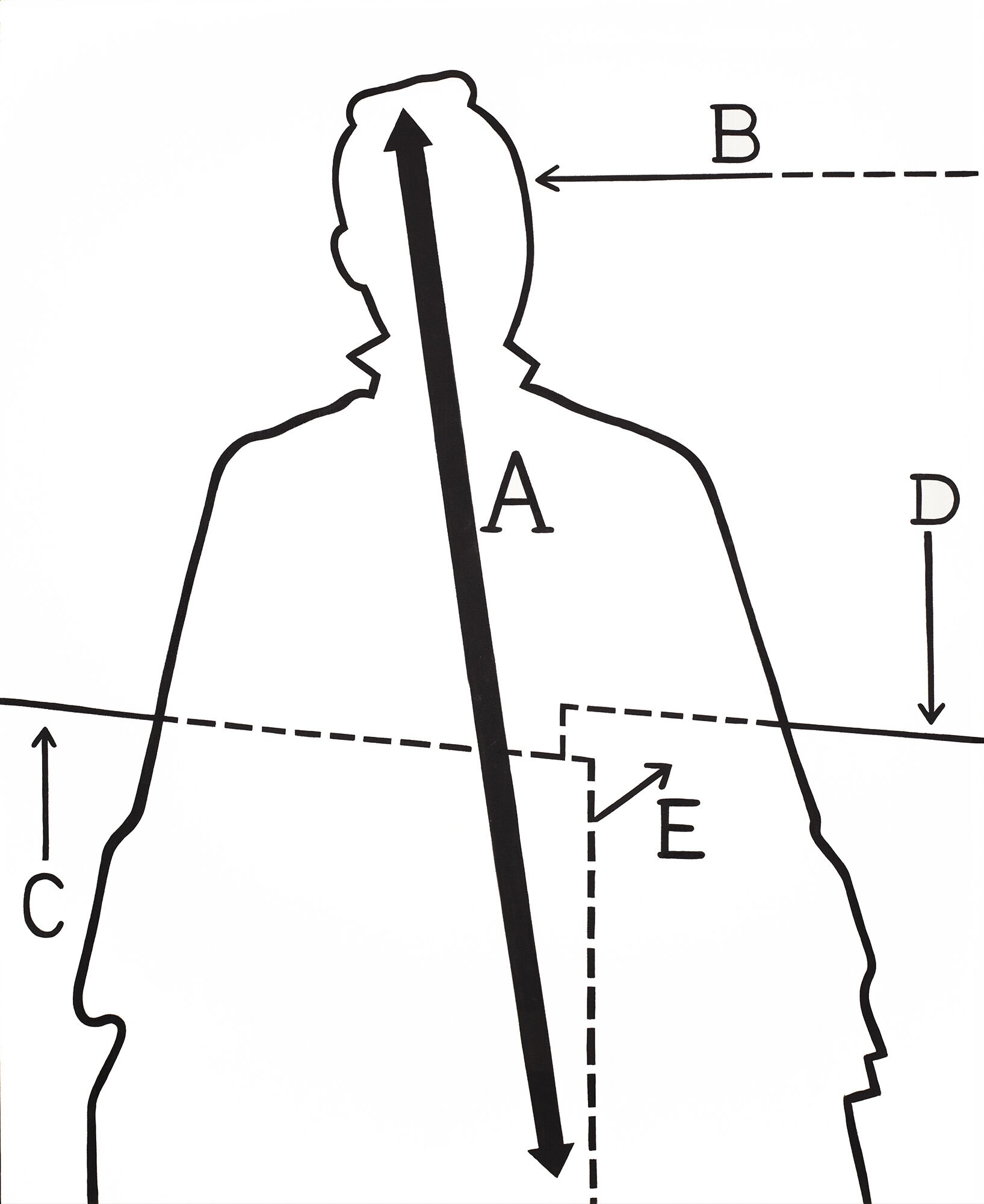 A black-and-white diagram shows the back silhouette of a person with several labeled measurement lines. A thick vertical arrow labeled 'A' runs from the head to the bottom of the silhouette. A horizontal dashed arrow labeled 'B' points from the back of the head, a horizontal dashed line labeled 'C' is across the lower back, a vertical dashed arrow labeled 'D' points down from above the right shoulder, and a small dashed right angle labeled 'E' is on the right side of the back.