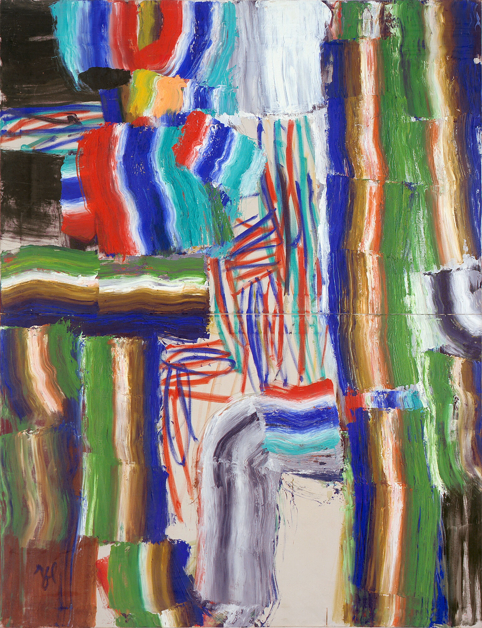 An abstract painting with thick, textured brushstrokes in red, blue, green, white, black, orange, purple, and brown. The colors are applied in predominantly vertical and horizontal blocks, with some thinner diagonal lines.