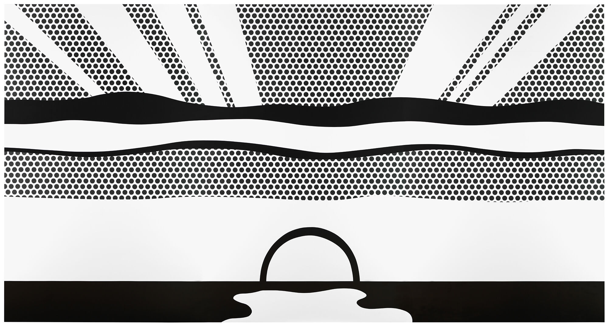 A black and white image of a sunrise or sunset. Two horizontal wavy black lines represent water, with a black semi-circle sun rising from a solid black horizon line and a white reflection.