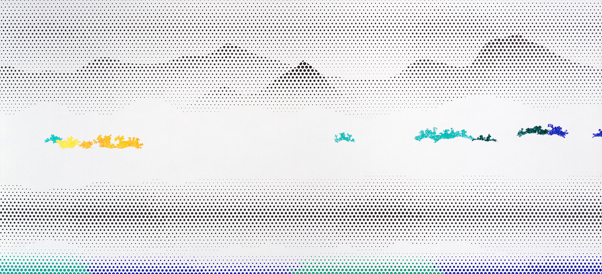 A sparse landscape rendered in small dots, with black dotted mountain peaks against a white sky. Irregular shapes of yellow, light blue, and dark blue dots form the middle ground, while horizontal lines of dots transition from black to blue in the foreground.