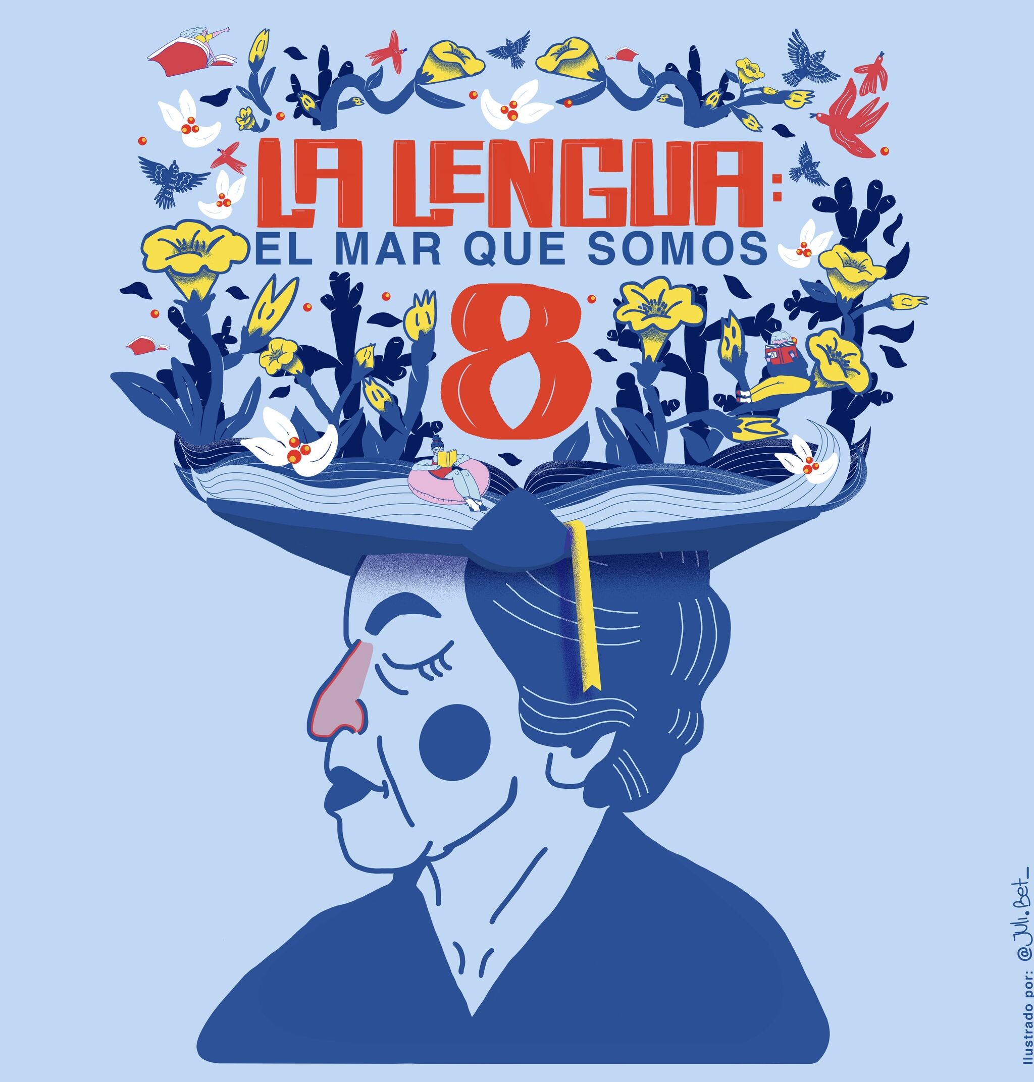 An older person wears an open book as a crown with flowers and the title "La lengua."