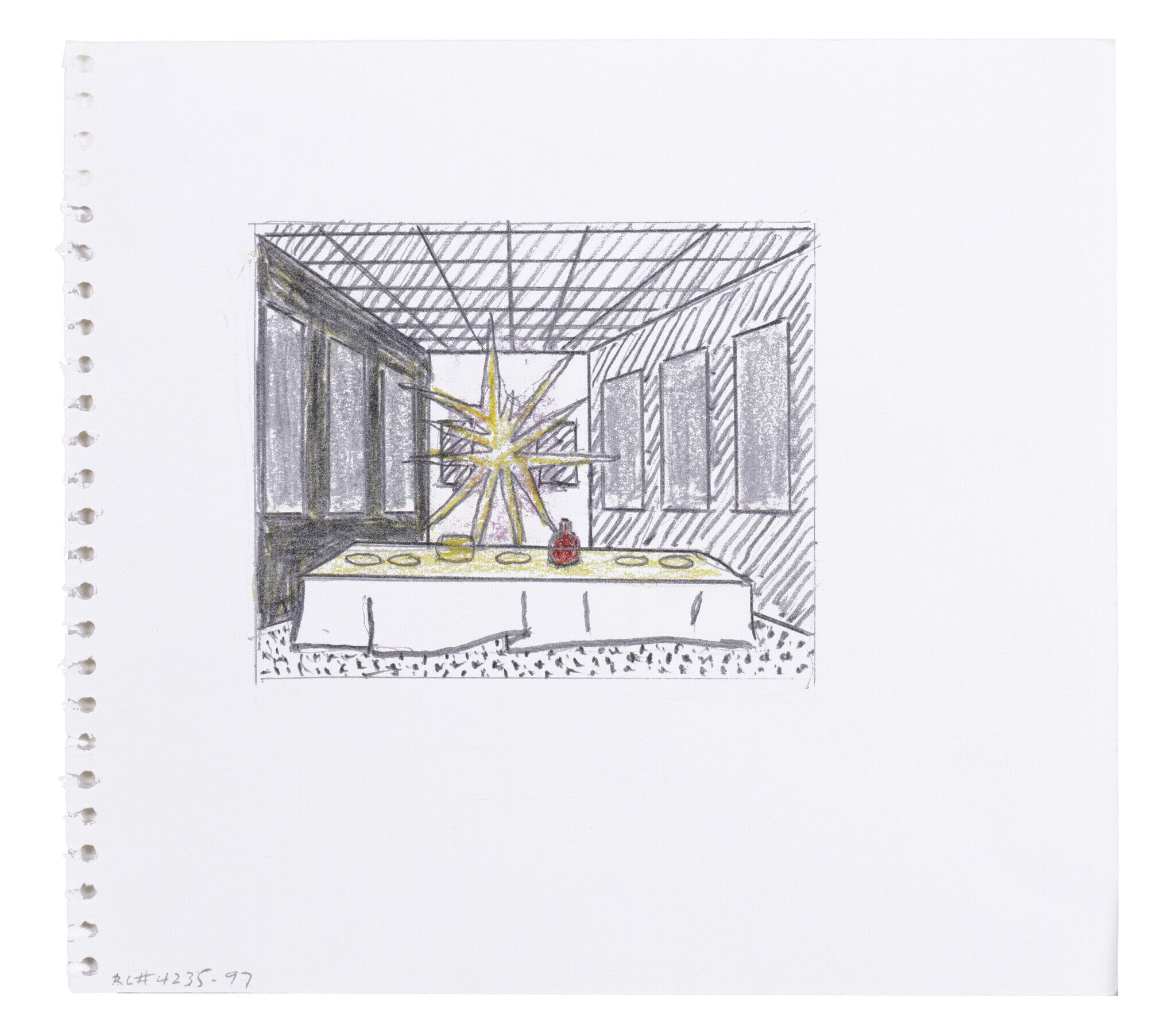 Small interior sketch showing a table with plates, a bright starburst light, and tall windows.