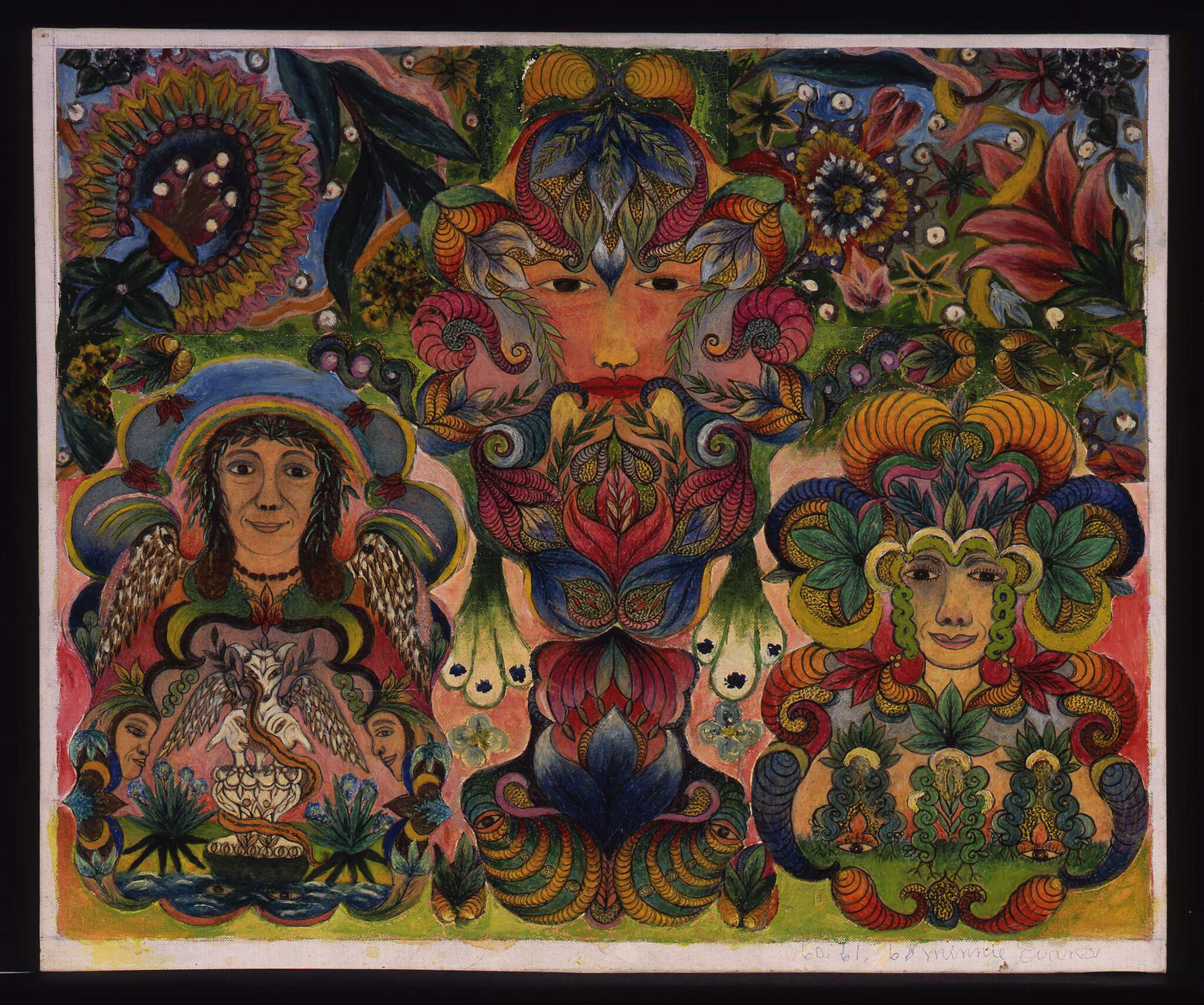 An ornate work of geometry and symmetry, the piece combines human, animal, and plant life into flowing shapes and repeated patterns rich in earth tones, reds, and pinks.