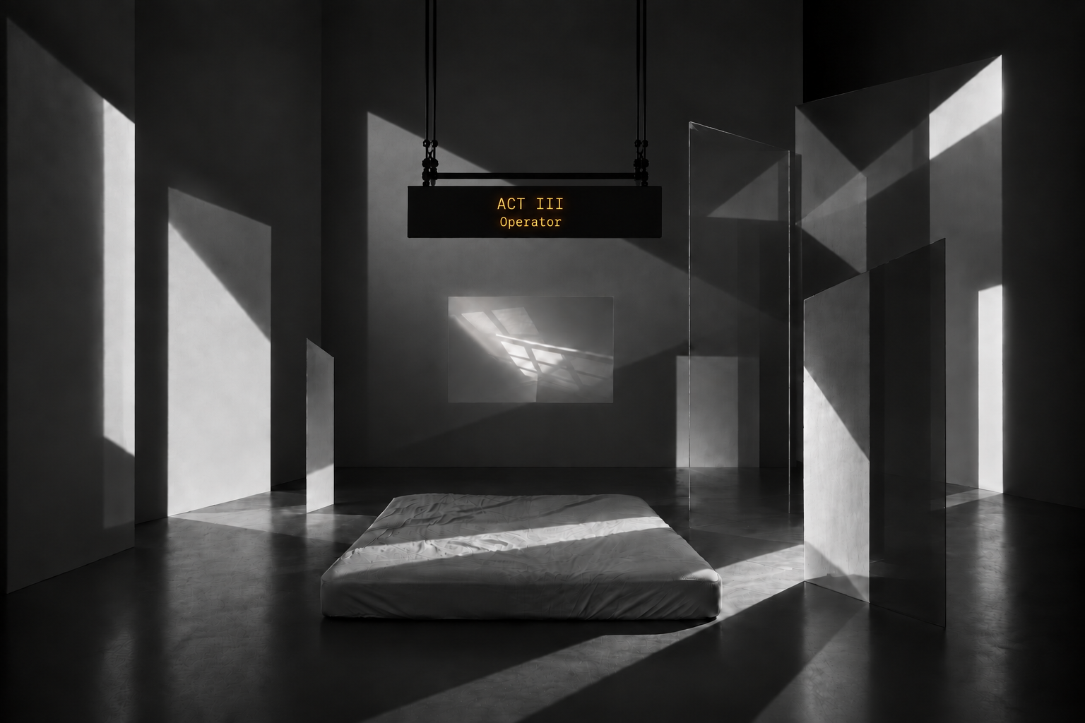 A bare mattress sits on a polished floor under a hanging sign that reads "ACT III Operator."