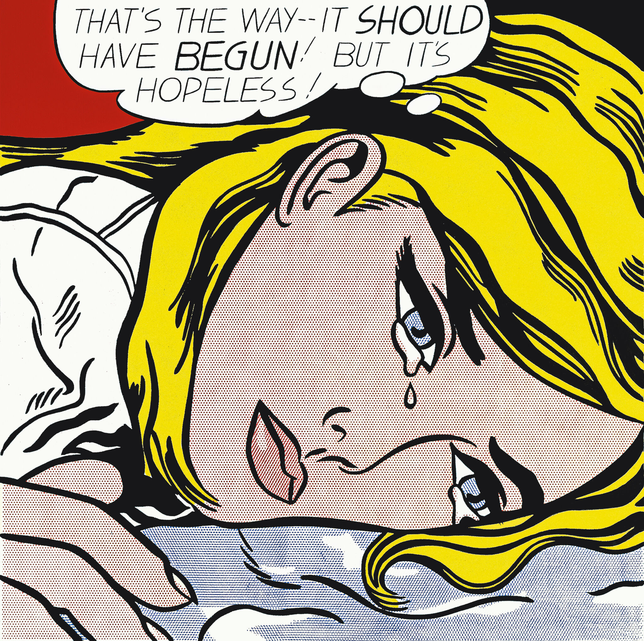 A crying blonde woman with a teardrop and a thought bubble saying it's hopeless.