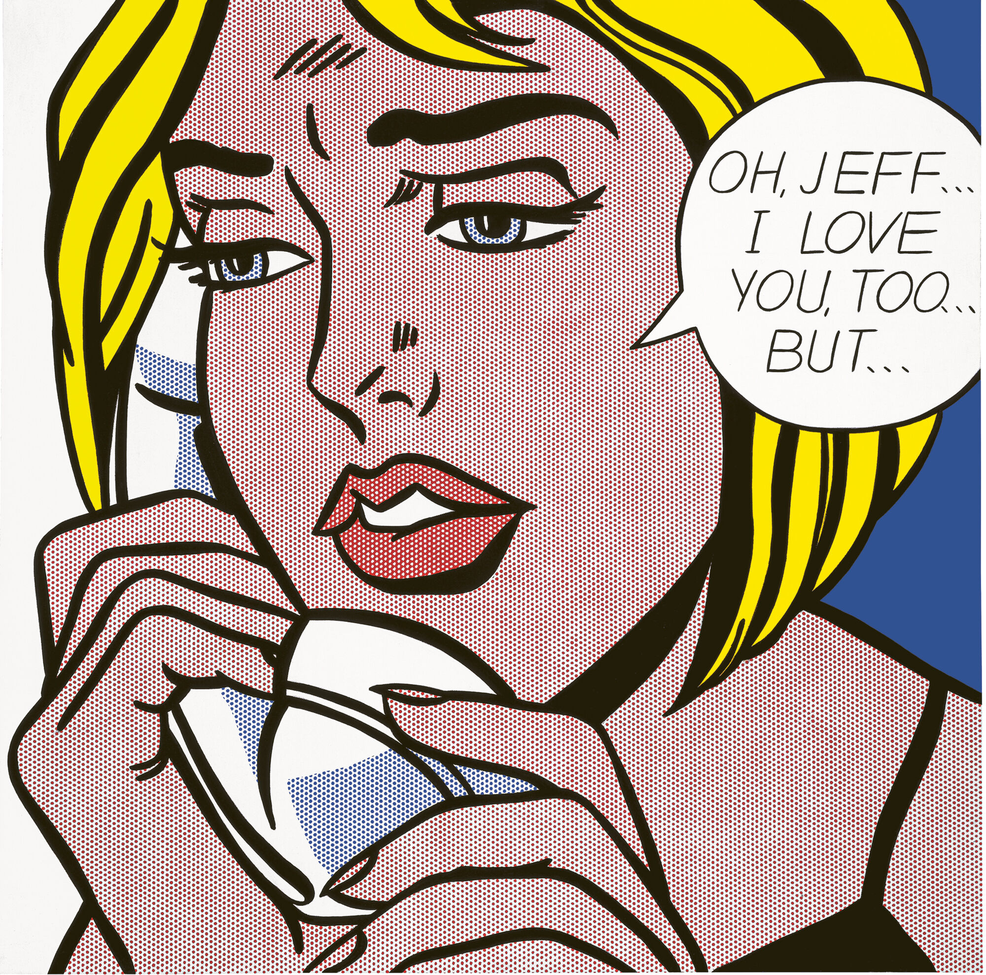 Tearful pop art woman wipes her face with a handkerchief while saying, "Oh, Jeff... I love you, too... but...".