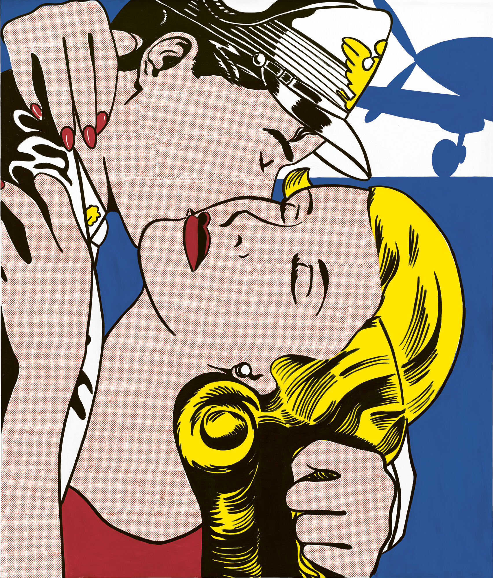 Two stylized figures in pop art share a close kiss with an airplane silhouette behind them.