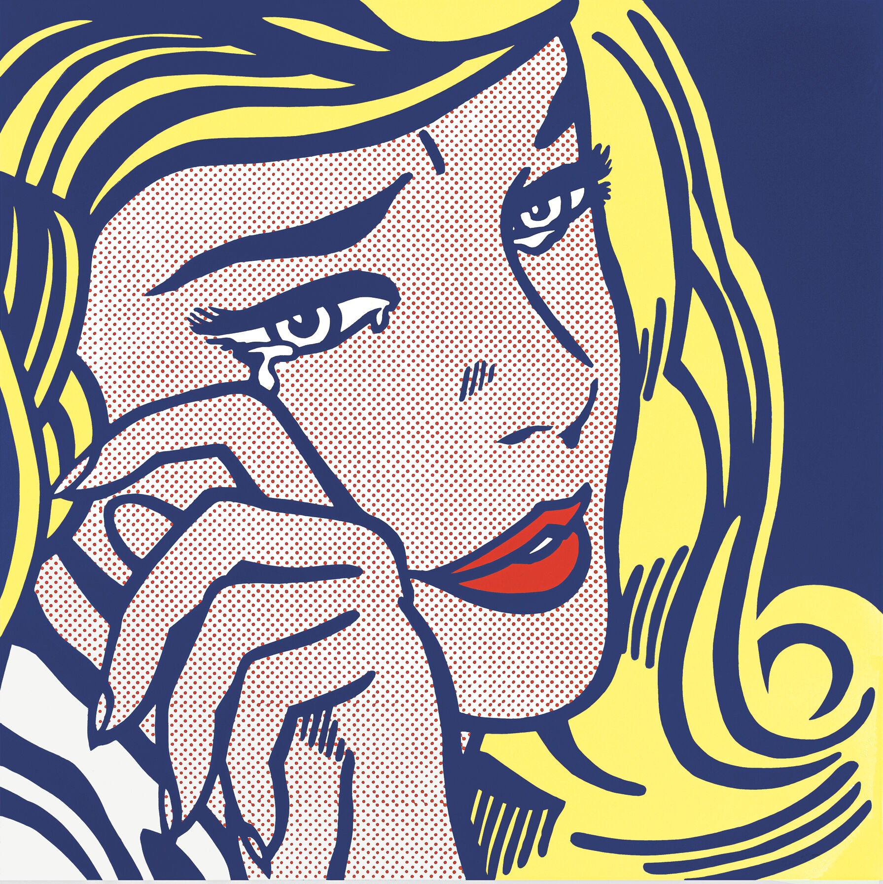 Close-up pop art woman with blonde hair wiping a tear with her hand.