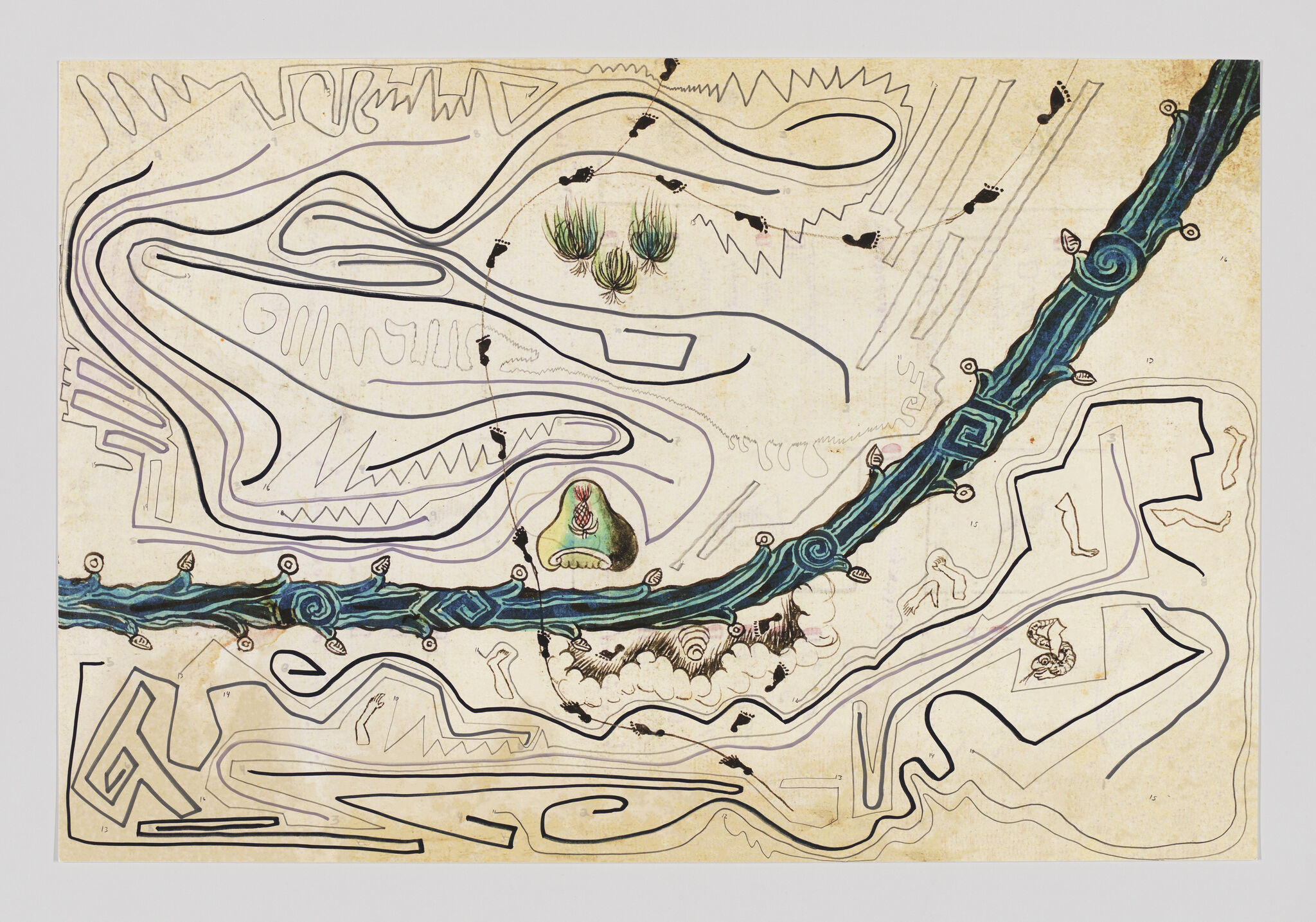 An abstract map-like drawing with a blue winding river, black contour lines, birds, cacti, and a central green figure surrounded by flowing organic shapes on a beige background.