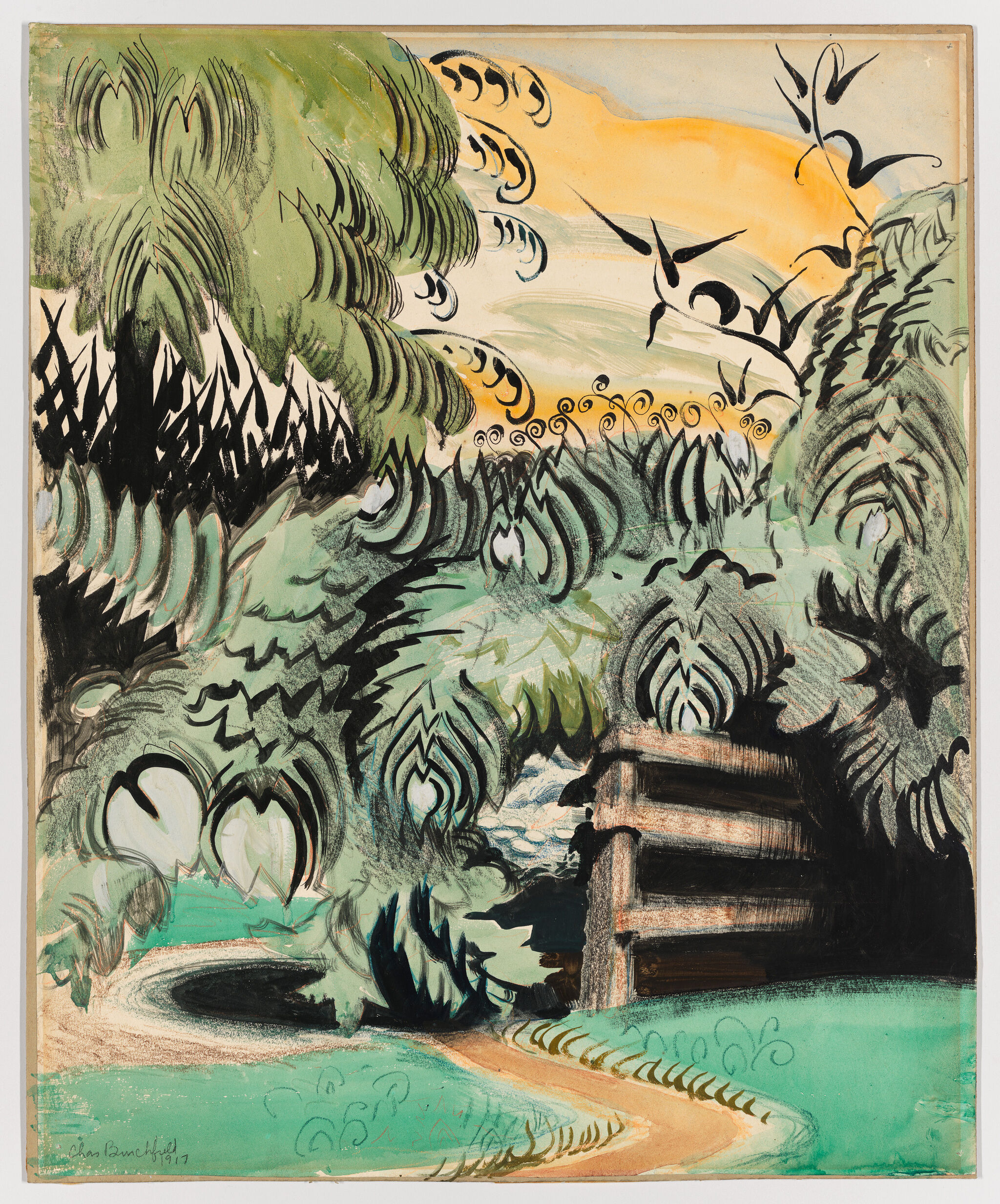 A winding path leads through lush, swirling green foliage toward a small wooden bridge.