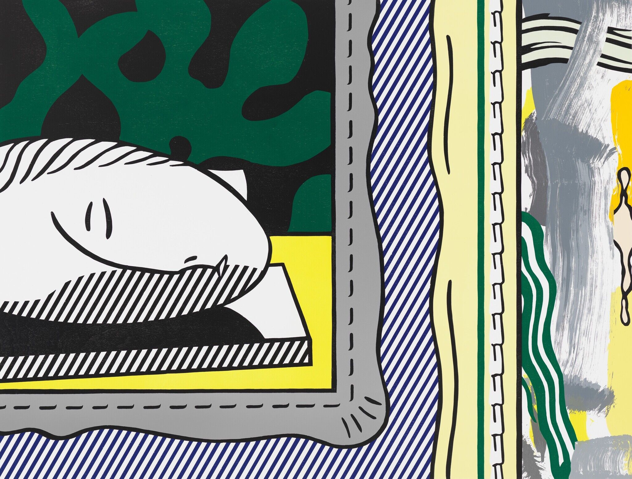 A close-up of a stylized sleeping face beside colorful striped and wavy patterns.