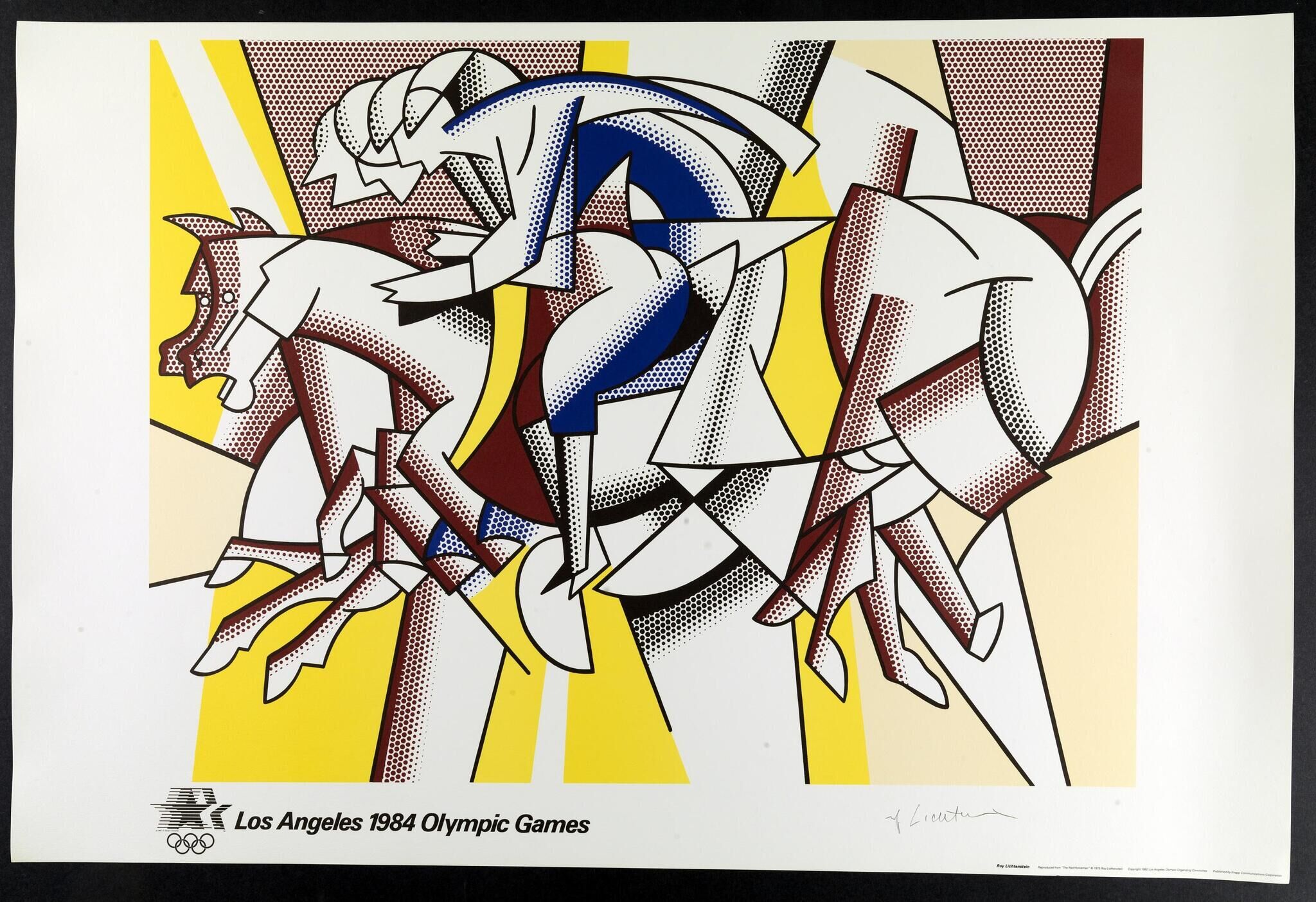 Cubist-inspired print by Roy Lichtenstein featuring an abstract, stylized image of a horse and rider for the 1984 Los Angeles Olympic Games.