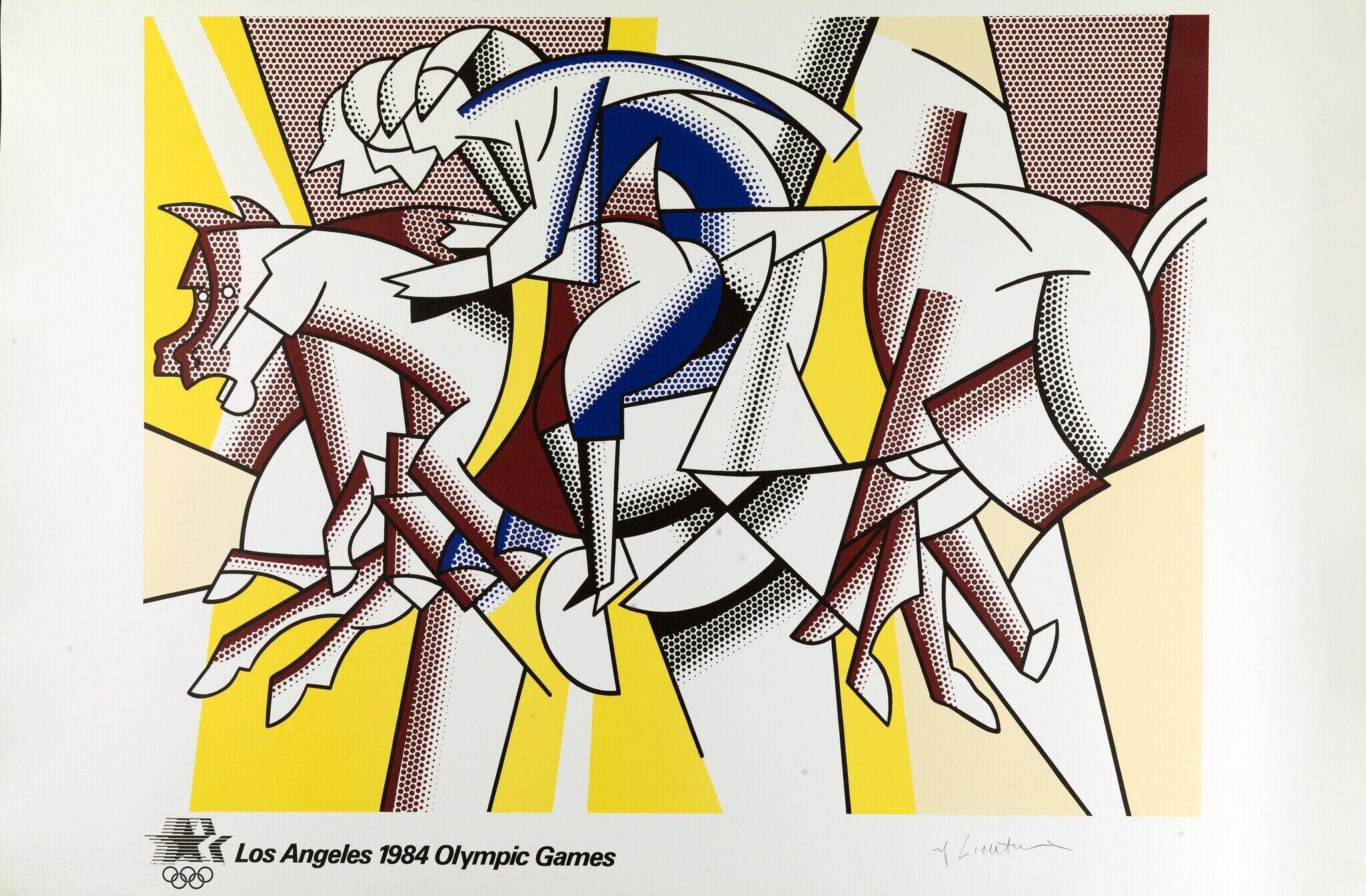 Cubist-inspired print by Roy Lichtenstein featuring an abstract, stylized image of a horse and rider for the 1984 Los Angeles Olympic Games.
